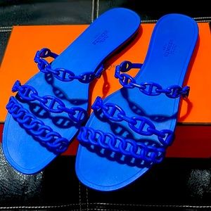 AUTHENTIC HERMÈS BLUE RUBBER CHAINE D’ANCRE RIVAGE SANDALS (Box & DB)